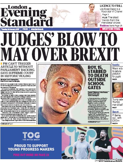 London Evening Standard Newspaper Front Page (UK) for 25 January 2017