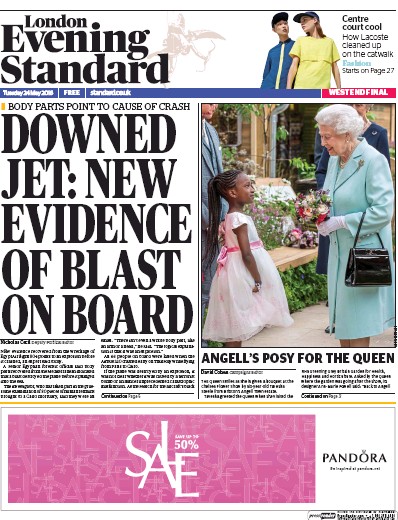 London Evening Standard Newspaper Front Page (UK) for 25 May 2016