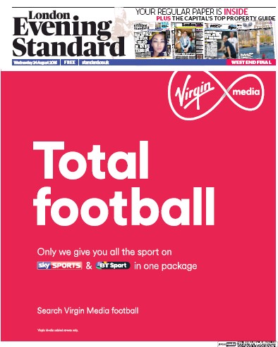 London Evening Standard Newspaper Front Page (UK) for 25 August 2016