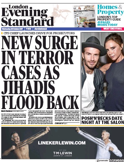 London Evening Standard Newspaper Front Page (UK) for 26 October 2017