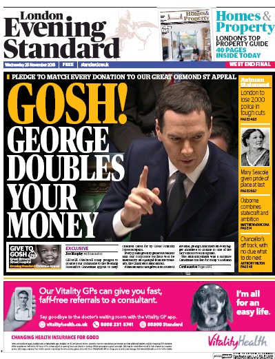 London Evening Standard Newspaper Front Page (UK) for 26 November 2015