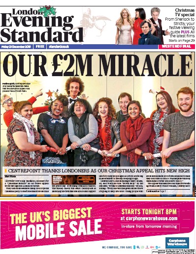 London Evening Standard Newspaper Front Page (UK) for 26 December 2016