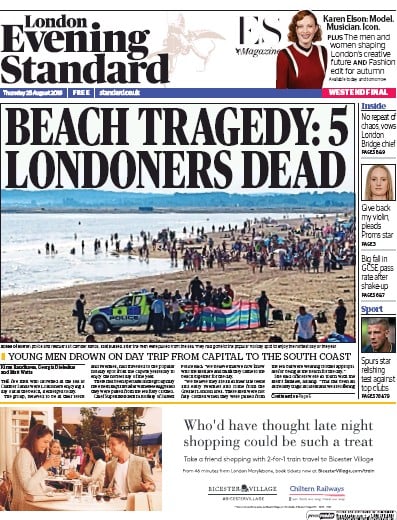London Evening Standard Newspaper Front Page (UK) for 26 August 2016