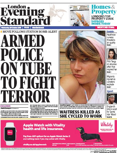 London Evening Standard Newspaper Front Page (UK) for 27 October 2016