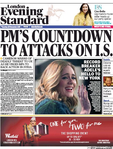 London Evening Standard Newspaper Front Page (UK) for 27 November 2015