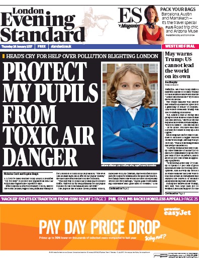 London Evening Standard Newspaper Front Page (UK) for 27 January 2017