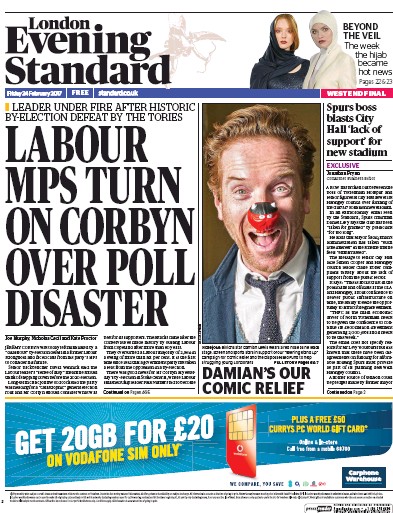 London Evening Standard Newspaper Front Page (UK) for 27 February 2017