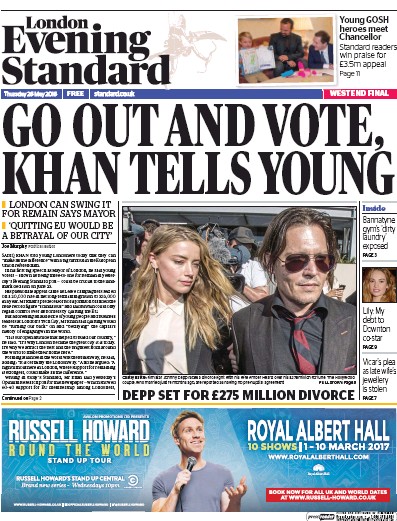 London Evening Standard Newspaper Front Page (UK) for 27 May 2016
