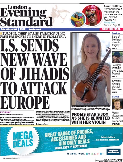 London Evening Standard Newspaper Front Page (UK) for 27 August 2016