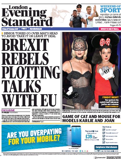 London Evening Standard Newspaper Front Page (UK) for 28 October 2017