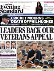 London Evening Standard (UK) Newspaper Front Page for 28 November 2014