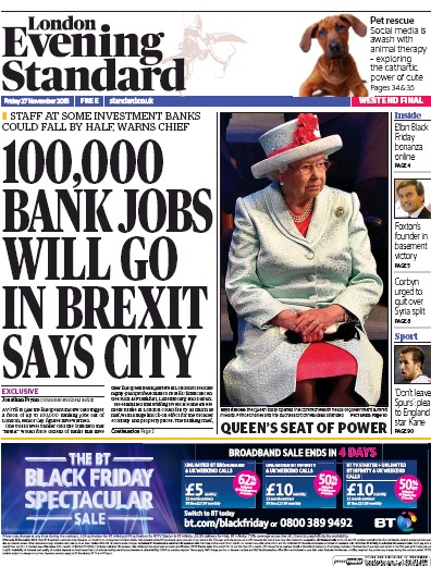 London Evening Standard Newspaper Front Page (UK) for 28 November 2015