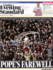 London Evening Standard Newspaper Front Page (UK) for 28 February 2013