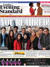 London Evening Standard Newspaper Front Page (UK) for 29 October 2012