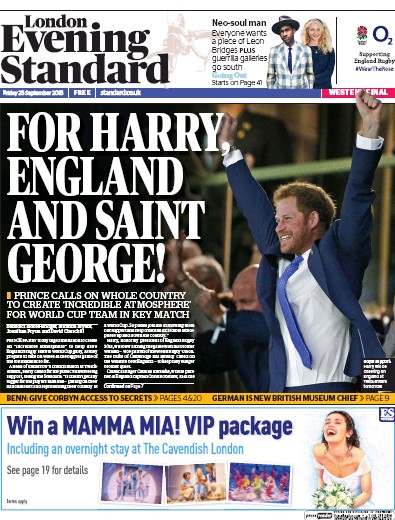 London Evening Standard Newspaper Front Page (UK) for 29 September 2015