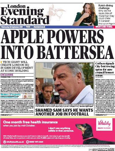 London Evening Standard Newspaper Front Page (UK) for 29 September 2016