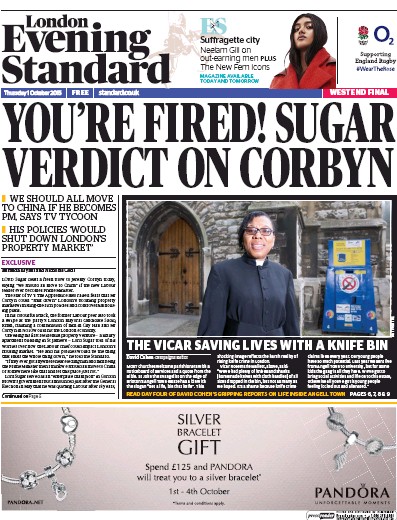 London Evening Standard Newspaper Front Page (UK) for 2 October 2015