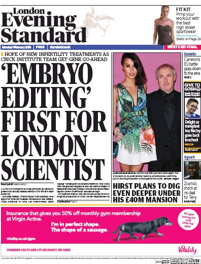 London Evening Standard Newspaper Front Page (UK) for 2 February 2016