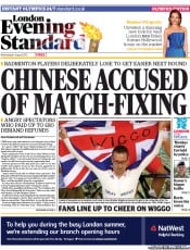 London Evening Standard (UK) Newspaper Front Page for 2 August 2012
