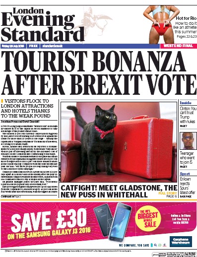 London Evening Standard Newspaper Front Page (UK) for 30 July 2016