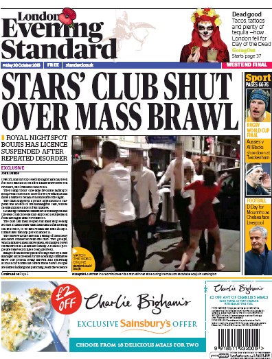 London Evening Standard Newspaper Front Page (UK) for 31 October 2015