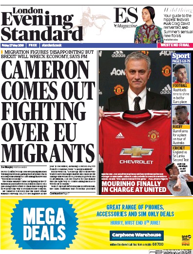 London Evening Standard Newspaper Front Page (UK) for 31 May 2016