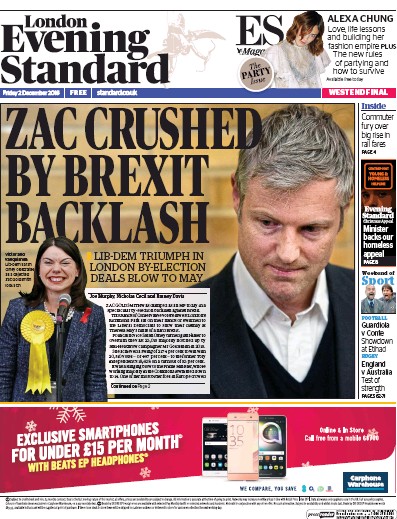 London Evening Standard Newspaper Front Page (UK) for 3 December 2016