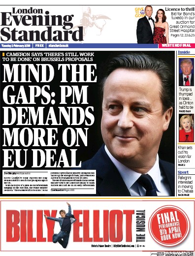 London Evening Standard Newspaper Front Page (UK) for 3 February 2016