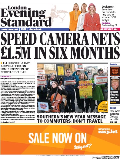 London Evening Standard Newspaper Front Page (UK) for 4 January 2017