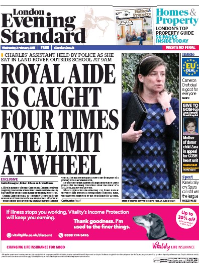 London Evening Standard Newspaper Front Page (UK) for 4 February 2016