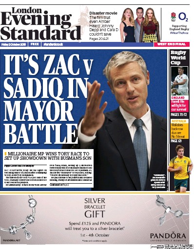 London Evening Standard Newspaper Front Page (UK) for 5 October 2015