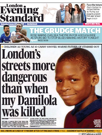 London Evening Standard Newspaper Front Page (UK) for 5 January 2017