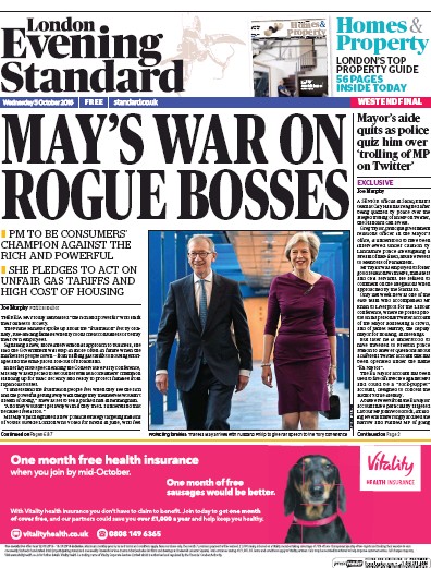 London Evening Standard Newspaper Front Page (UK) for 6 October 2016