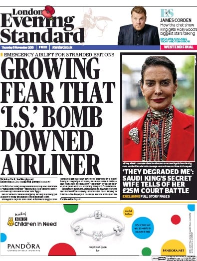 London Evening Standard Newspaper Front Page (UK) for 6 November 2015