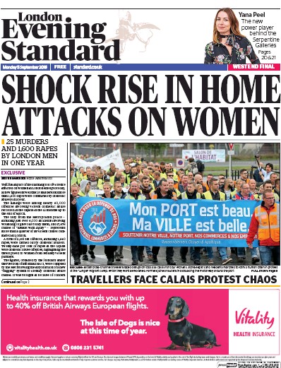 London Evening Standard Newspaper Front Page (UK) for 6 September 2016