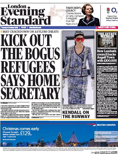 London Evening Standard Newspaper Front Page (UK) for 7 October 2015