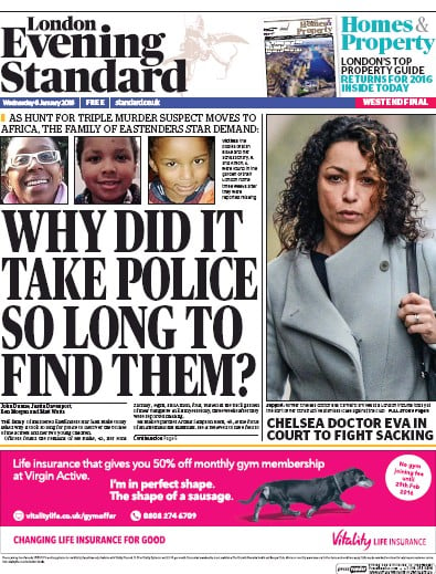 London Evening Standard Newspaper Front Page (UK) for 7 January 2016