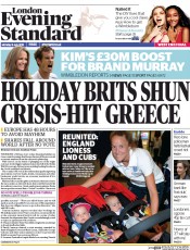 London Evening Standard Newspaper Front Page (UK) for 7 July 2015