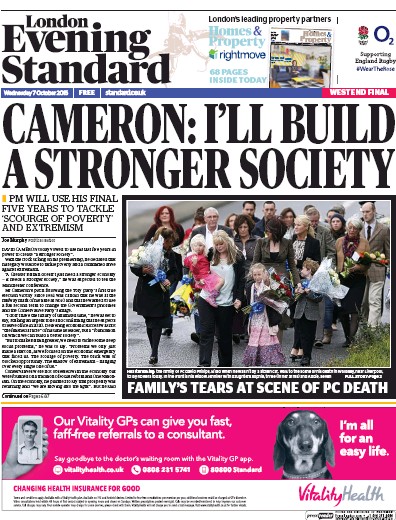 London Evening Standard Newspaper Front Page (UK) for 8 October 2015