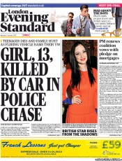 London Evening Standard (UK) Newspaper Front Page for 8 January 2013