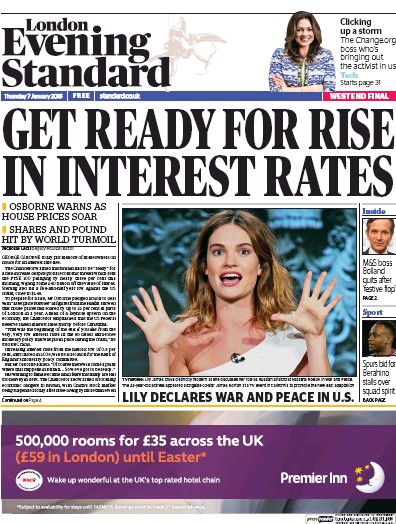 London Evening Standard Newspaper Front Page (UK) for 8 January 2016