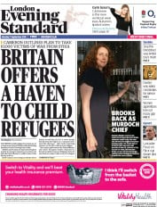 London Evening Standard Newspaper Front Page (UK) for 8 September 2015
