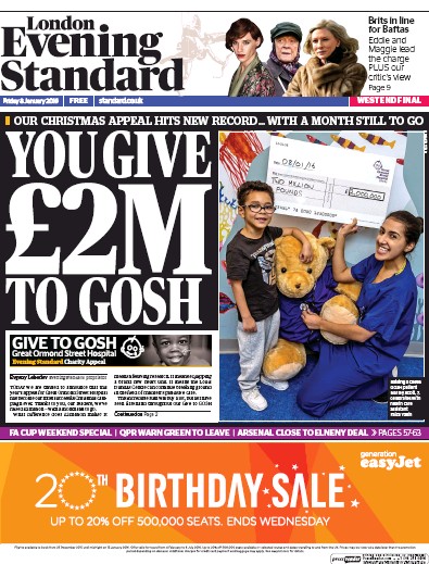 London Evening Standard Newspaper Front Page (UK) for 9 January 2016