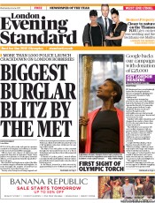 London Evening Standard (UK) Newspaper Front Page for 9 June 2011