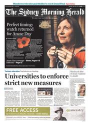 Sydney Morning Herald (Australia) Newspaper Front Page for 25 April 2016