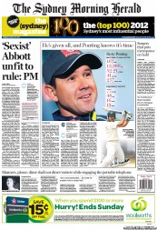 Sydney Morning Herald (Australia) Newspaper Front Page for 30 November 2012