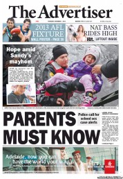 The Advertiser (Australia) Newspaper Front Page for 1 November 2012