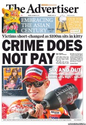 The Advertiser (Australia) Newspaper Front Page for 29 October 2012