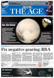 The Age (Australia) Newspaper Front Page for 16 July 2015