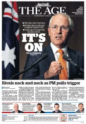 The Age (Australia) Newspaper Front Page for 9 May 2016